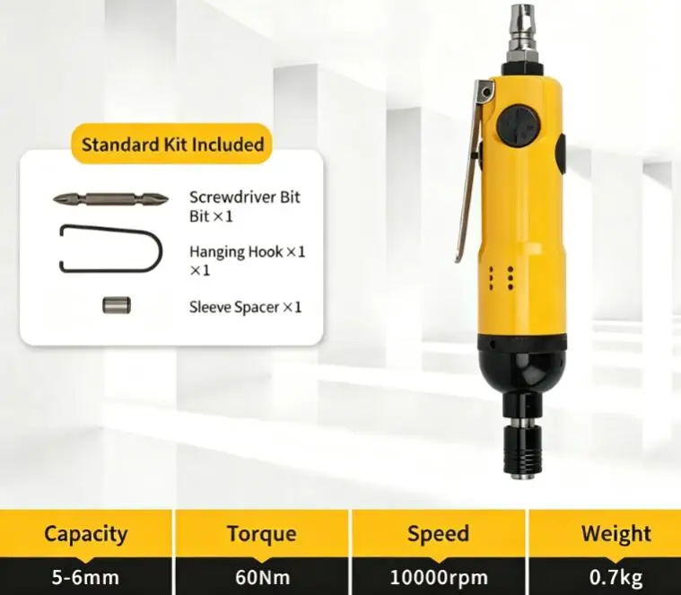 Industrial Pneumatic Screwdriver Yellow Color 24x10x6cm Package 1/4 Inch Chuck 60 Nm Torque 5H 6H 8H 10H 12H Support
