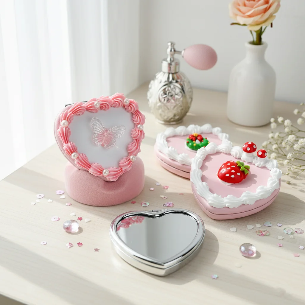 Portable Makeup Mirror with Cream & Strawberry, Cute Vanity Compact for Purse, Travel Toiletry, Girls Gift, Kawaii Accessory
