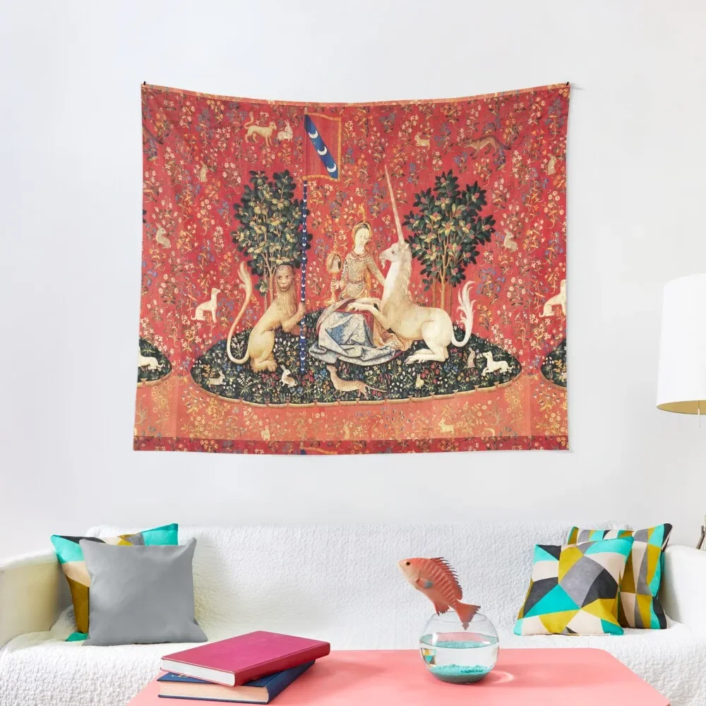 

LADY AND UNICORN ,SIGHTRed Green Fantasy Flowers,Animals Tapestry Carpet On The Wall Art Mural Tapestry