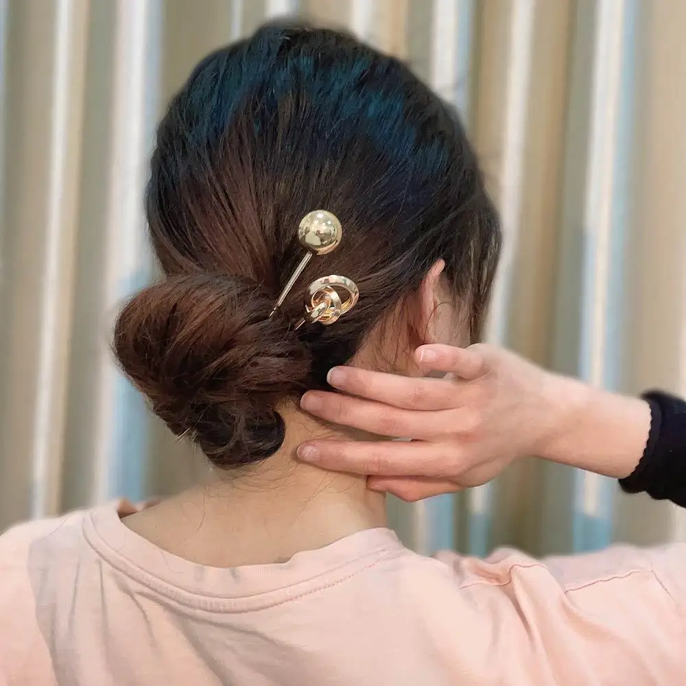 Women Accessories Gold Color Round Ball Hollow Temperament Hair Accessories Metal Hairpins Hair Sticks Hair Fork