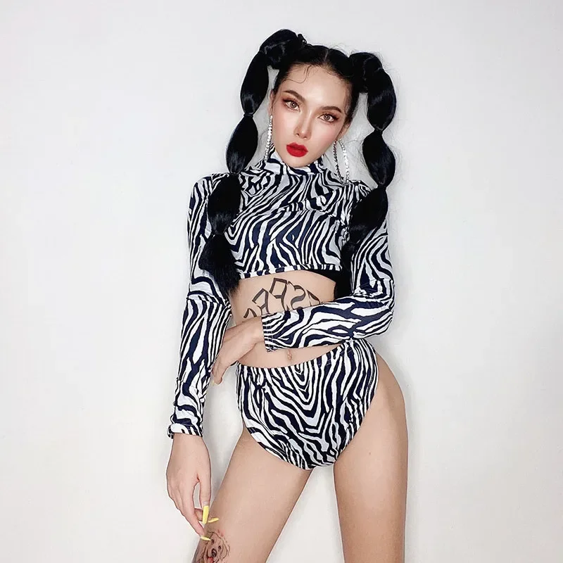 バーナイトクラブゴーゴーショーコスチュームゼブラ柄ビキニ2ピースセットDJ女性ダンサーポールダンスステージウェアレイブパフォーマンス衣装