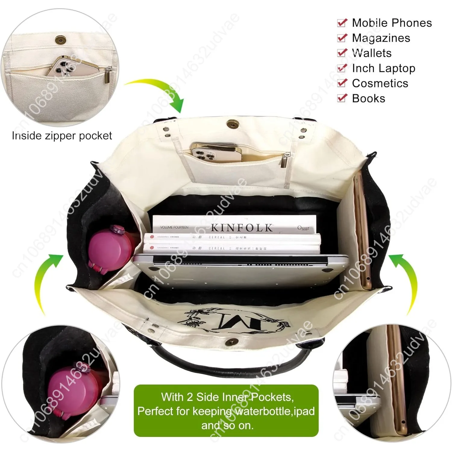 BeeGreen Mother's Day Gifts Personalized Women's Large White and Black Canvas Tote Bag, Embroidered Initials, Leather Handle, Zi