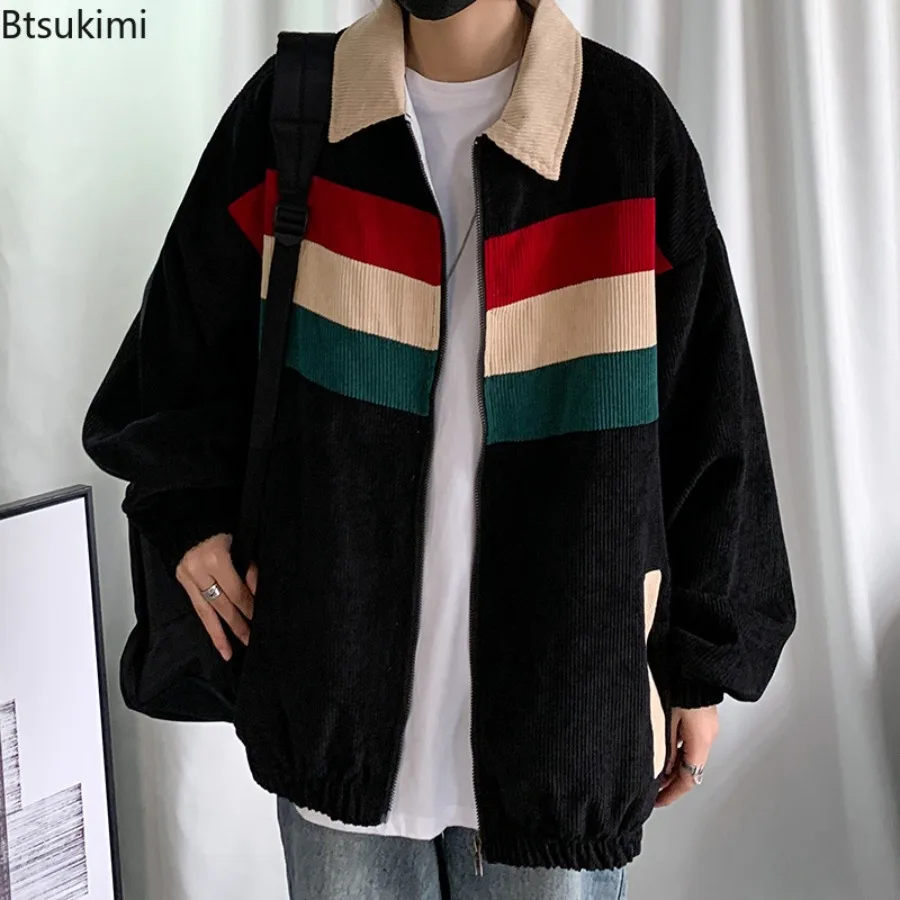 Spring Autumn New Men's Corduroy Jackets Fashion Splice Contrast Color Design Korean Style Loose Casual Coats Men Bomber Jackets