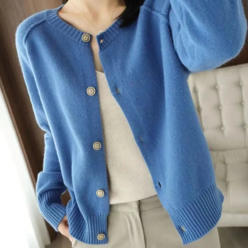 Long Sleeve 100% Merino Wool Sweaters Cashmere Cardigan Spring Autumn Women O-Neck Knitwear Tops Clothing Fashion Basic Tops