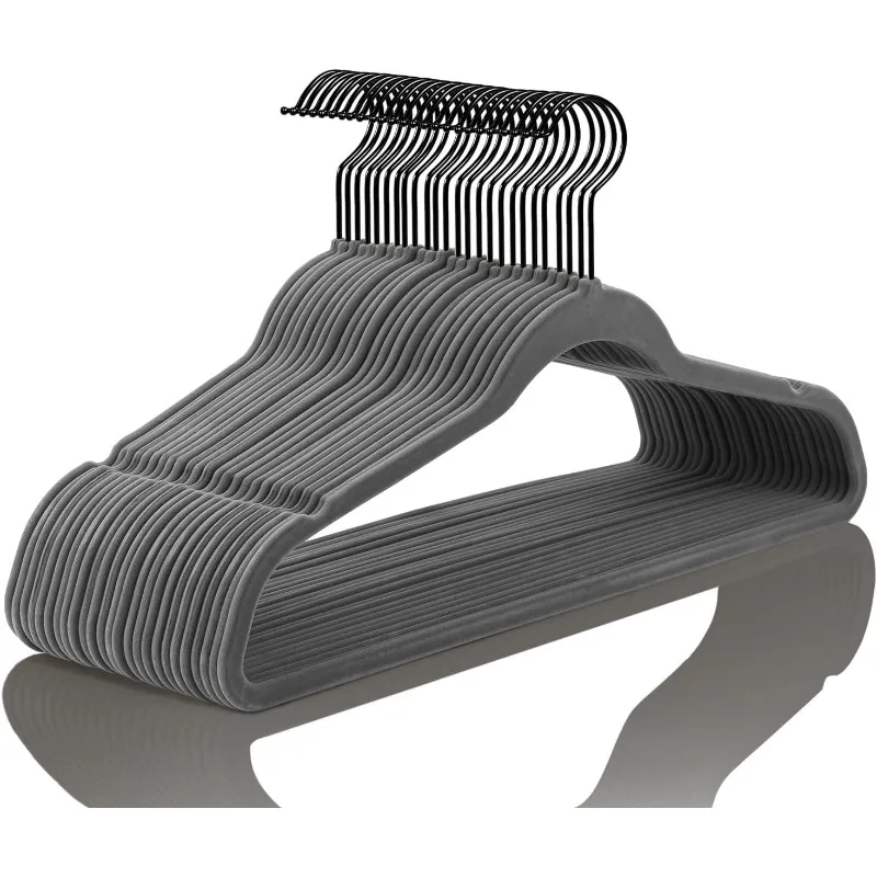 

Premium Velvet Hangers (50 Pack) Heavy Duty - Non Slip Felt Hangers - Velvet Suit Hangers Gray - Black Coated Hooks,Space Saving