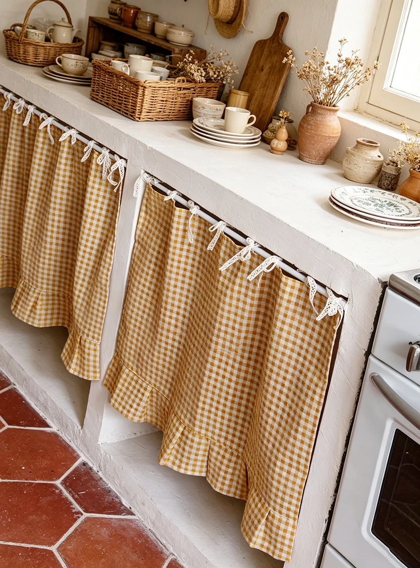 1Pc Lace Tie Ruffle Short Cabinet Curtain, Dust‑proof Sink Cabinet Valance, Farmhouse Mediterranean Style for Kitchen Home Decor
