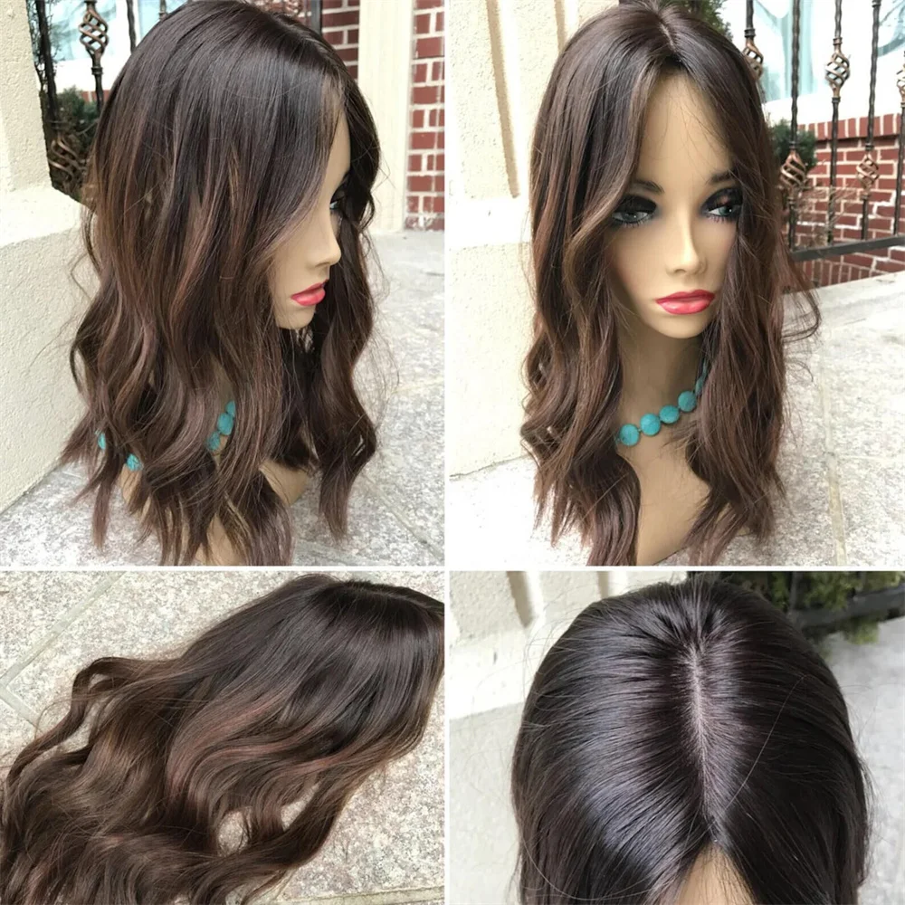 Long Body Wave Ombre Brown Soft 24inch  5x5 Silk Base  Jewish Human Hair Wig With Baby Hair HD Lace European Hair Preplucked