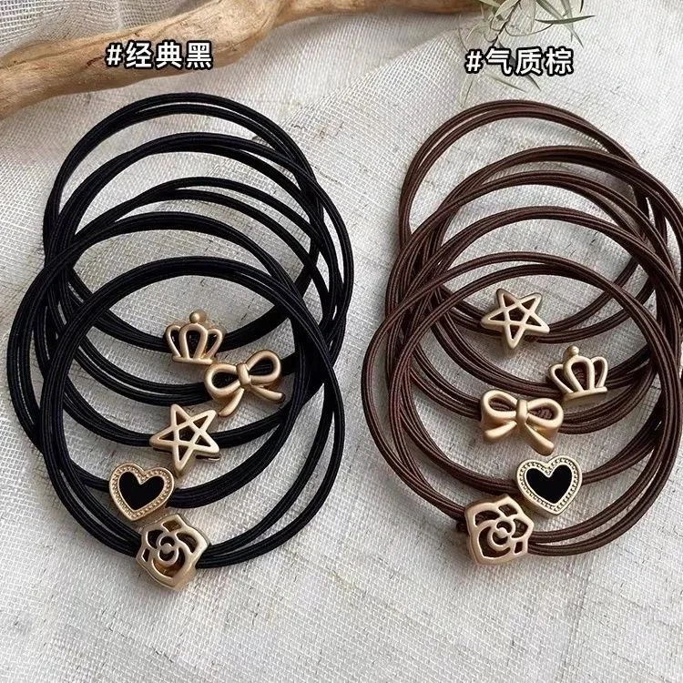 5PFashion Alloy Heart Flower Pentagram Ornament Elastic Hair Bands Basic Black Brown Thin Rubber Bands High Elasticity Hair Ties