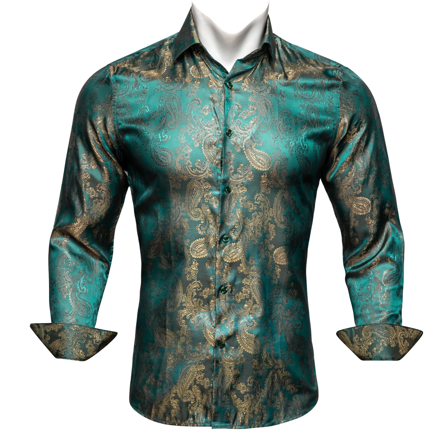 Barry.Wang Luxury Green Paisley Silk Shirts Men Long Sleeve Casual Flower Shirts For Men Designer Fit Dress Shirt BY-0086