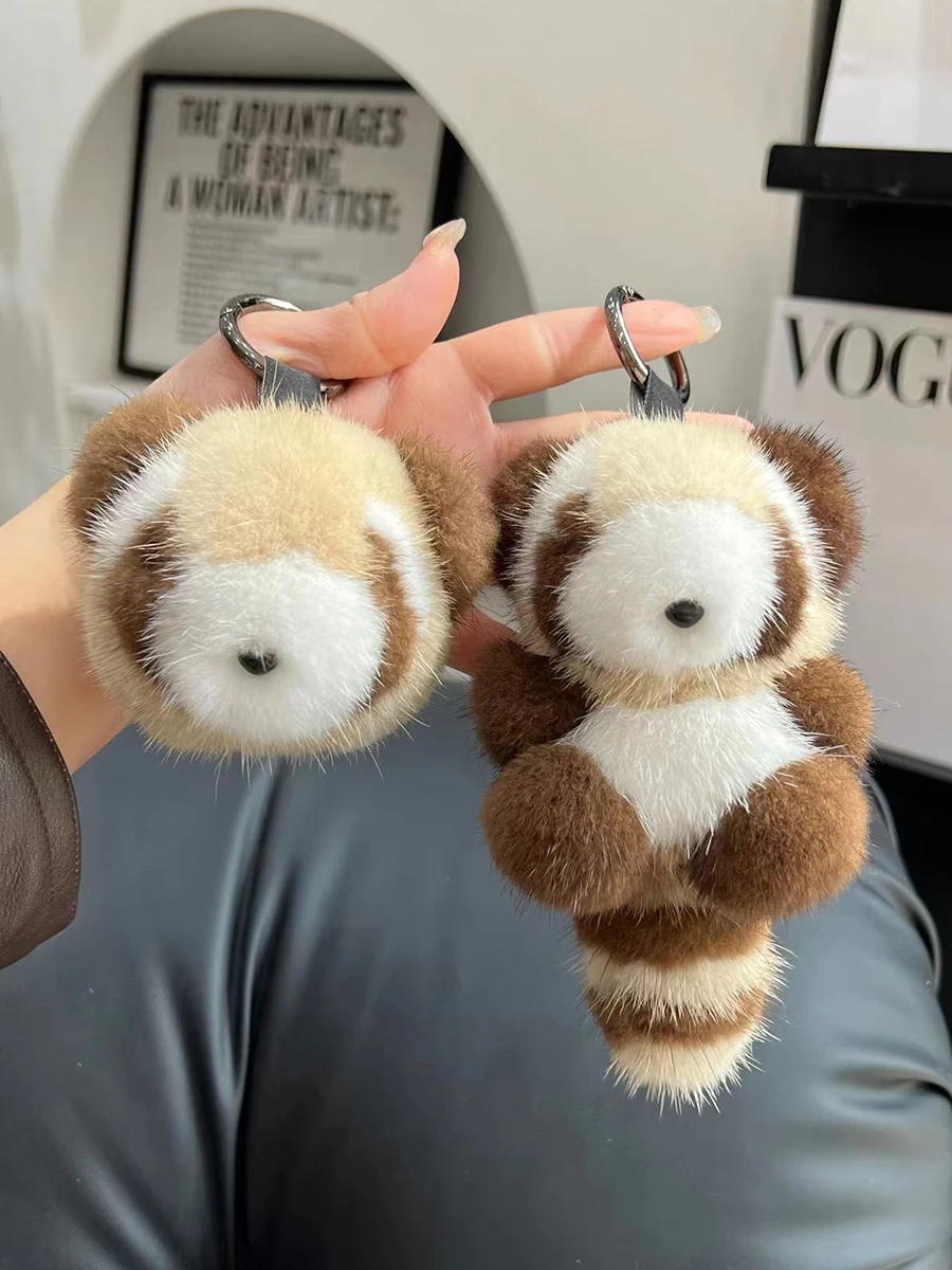 女性のためのかわいいアライグマの毛皮のキーホルダー,本物のミンクの