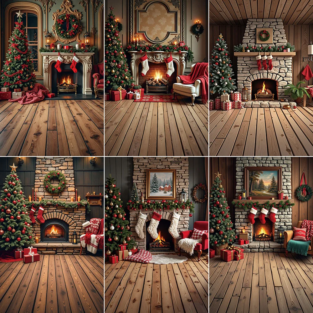 

Christmas Backdrop for Photography Brick Fireplace Gifts Large Xmas Tree Wreath Background Children Studio Photocall Accessories