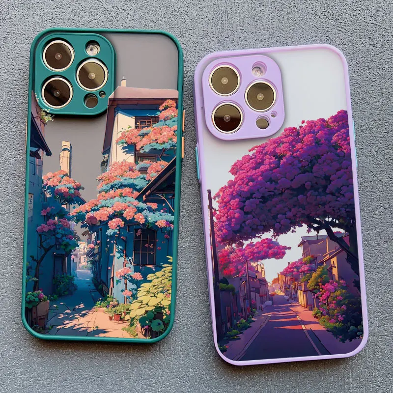 Japanese Aesthetic City Street Scenery Phone Case For iPhone 16 13 12 Pro Max Mini 11 14 Pro Max 15 7 8 Plus SE XS X XR Cover