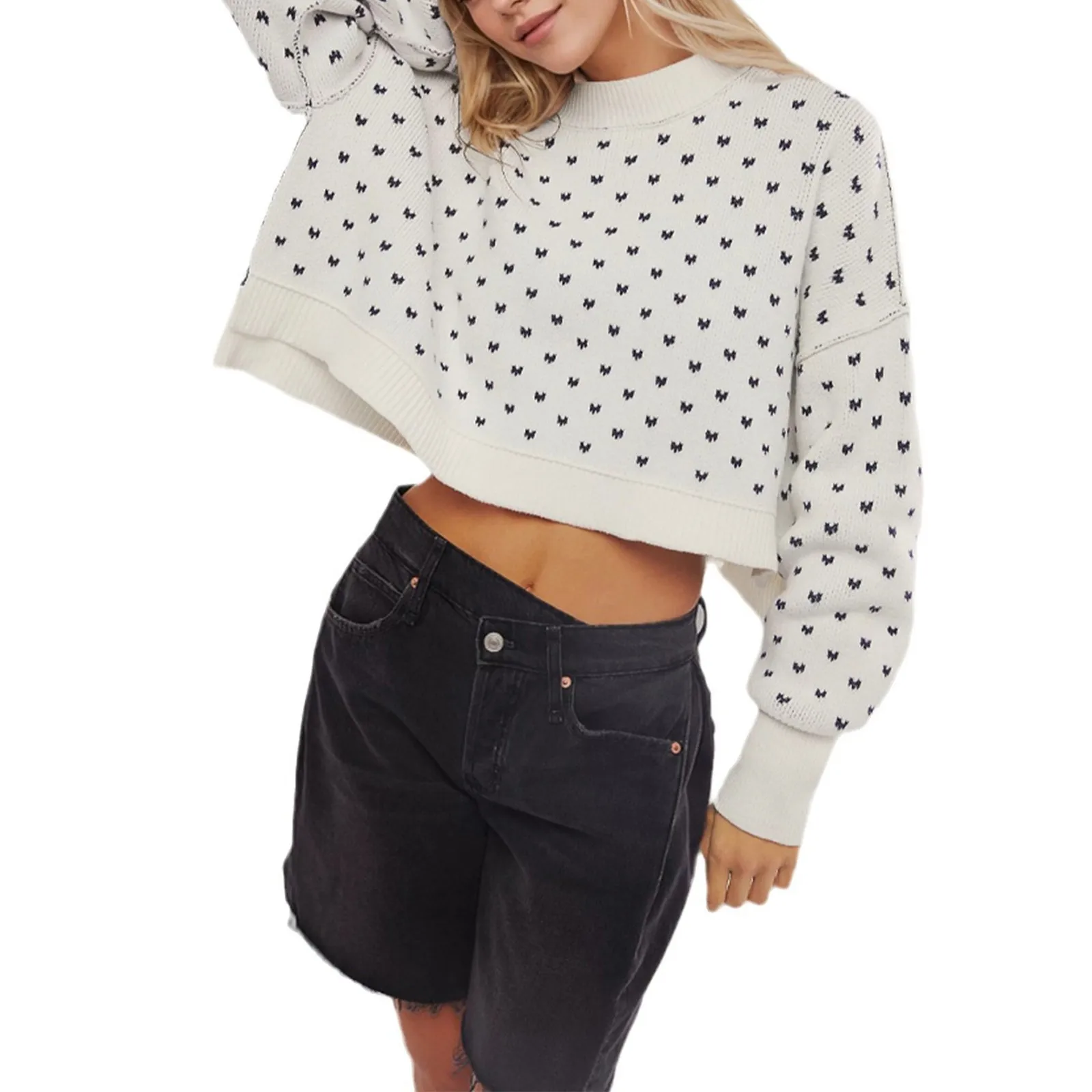 Suéter de punto de tendencia urbana, Top holgado y versátil para uso diario, jersey de cuello redondo cómodo a la moda para mujer, manga larga con patrón de corazón