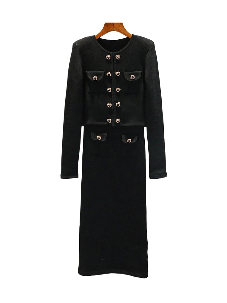 

High-End Knitted Cardigan And Skirt Set in Hepburn Sle for Autumn Winter by SP Home Oil Faion Ladies Ensemble