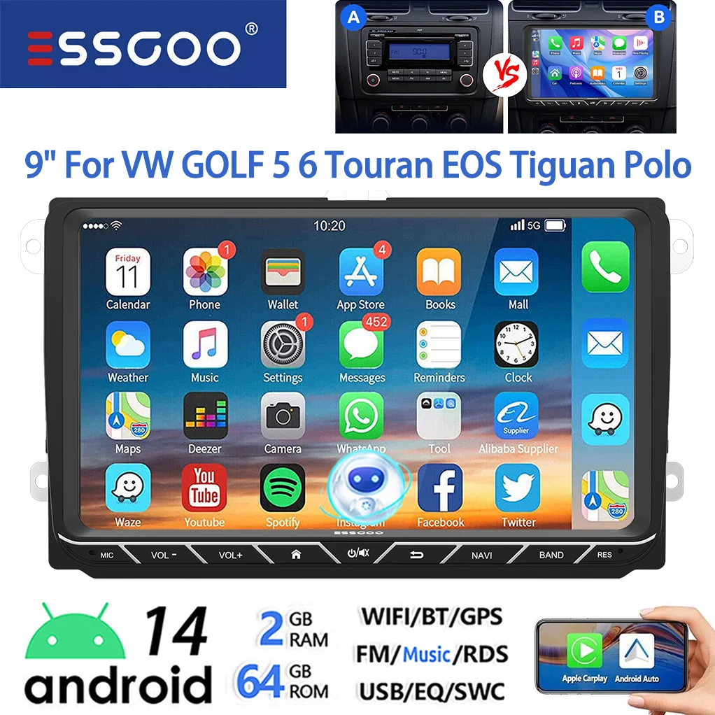 ESSGOO Android 14 Autoradio 9" 4+64GB CarPlay voor VW Golf 5 6 Passat B6 B7 Polo 6R Touran Tiguan Caddy EOS Jetta T5 Seat Skoda GPS Navigatie WIFI FM Bluetooth RDS Touchscreen Mirror Link
