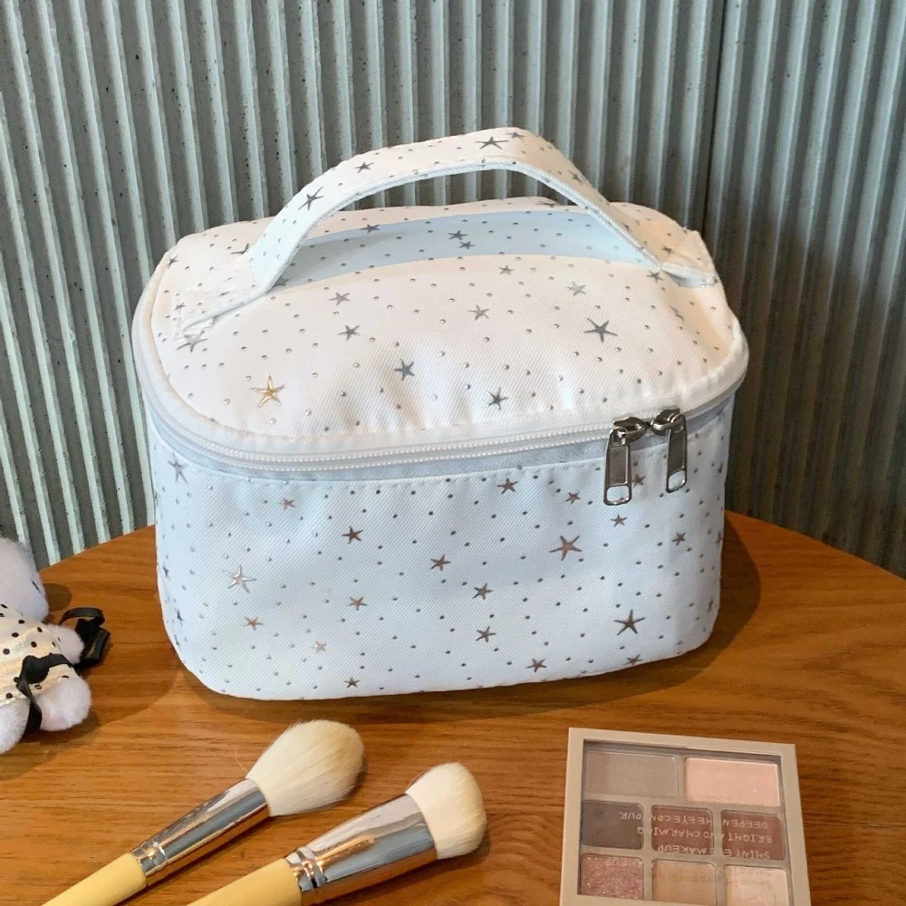 Cute White Star Pattern Handheld Cosmetic Case Multifunctional Ladies Skincare Wash Bag Travel Make Up Storage Case