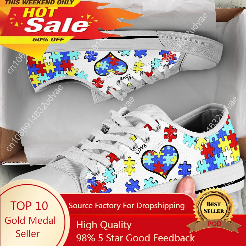 

White Autism Awareness Heart Women Shoes New Retro Lowtop Sneakers Shoes For Women Canvas Round Toe Causal Flats Shoes 2022