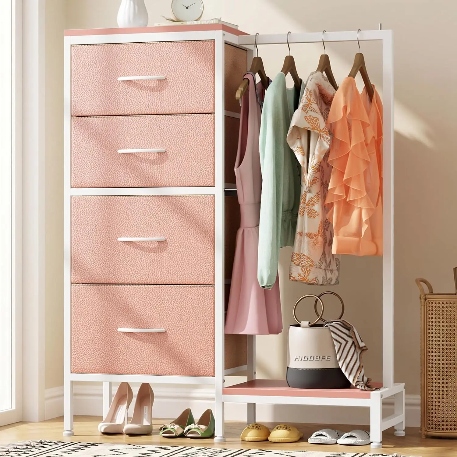 Dresser with Hanging Rack 4 Drawers Small Closet for Bedroom Reversible Fabric Kids Chest of Drawers Tall Tower, Pink, 44''H