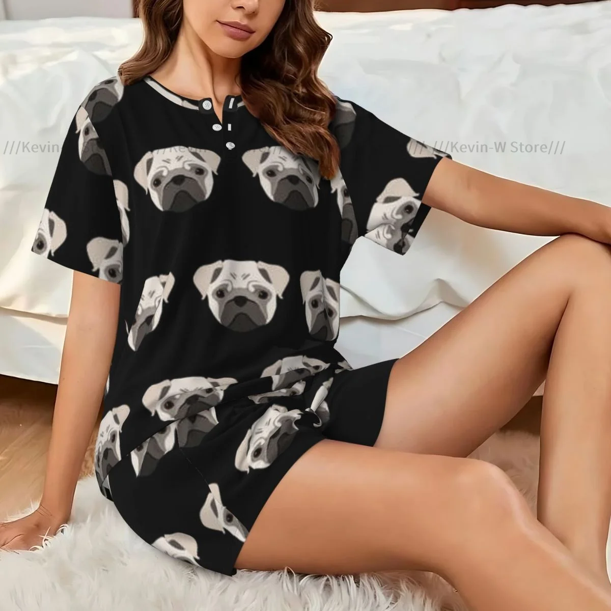 

Women Pajamas Homewear Set Abstract Pug Dog Short-Sleeved Two-Piece Set Girl Nightwear Loungewear Sleepwear