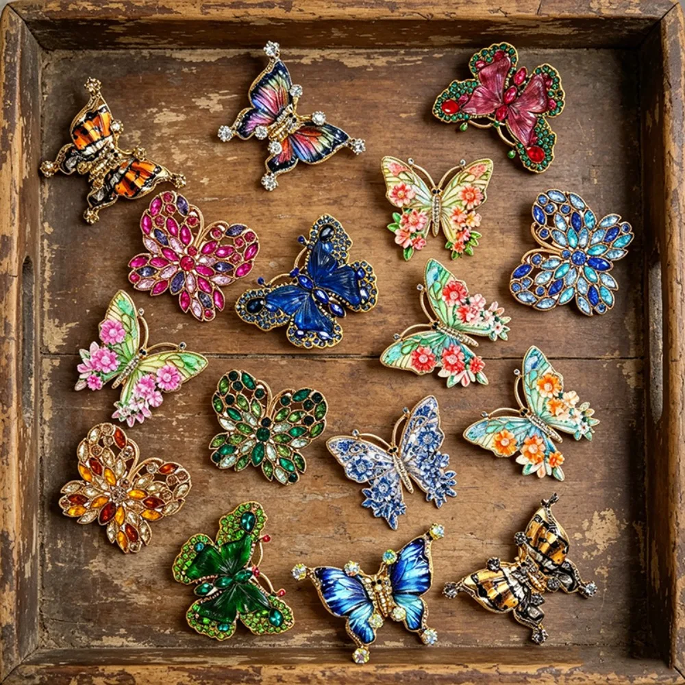 Mehrfarbige Schmetterlingsbrosche für Damen, Bunte Emaille-Kristall-Strass-Anstecknadel, Retro-Modeschmuck für Mantel und Schal