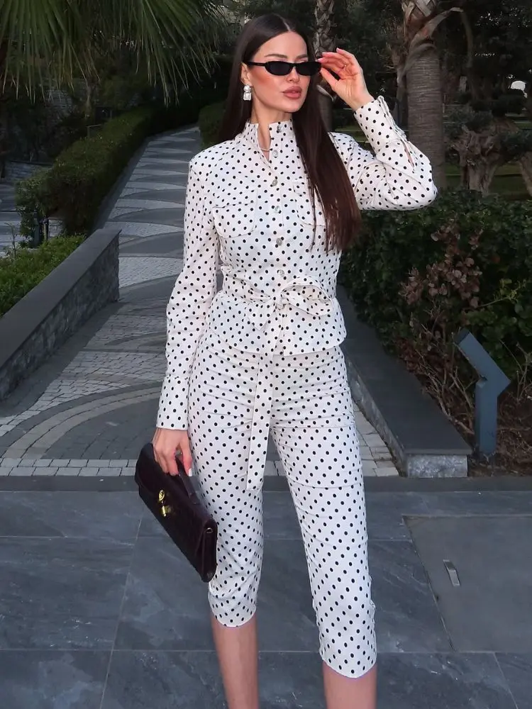 HH Women Elegant Single Breasted Pocket Belt Decoration Polka Dots Shirt Style Jacket+High Waist Capri Pants 2 Piece Set