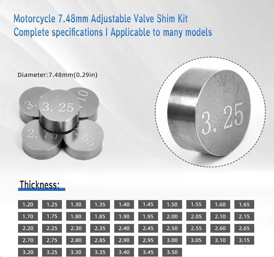 

7.48mm Motorcycle Accessories Adjustable Complete Valve Pad Shim Kit For Honda Suzuki Yamaha Kawasaki 1.20-3.50mm 1.225-3.475