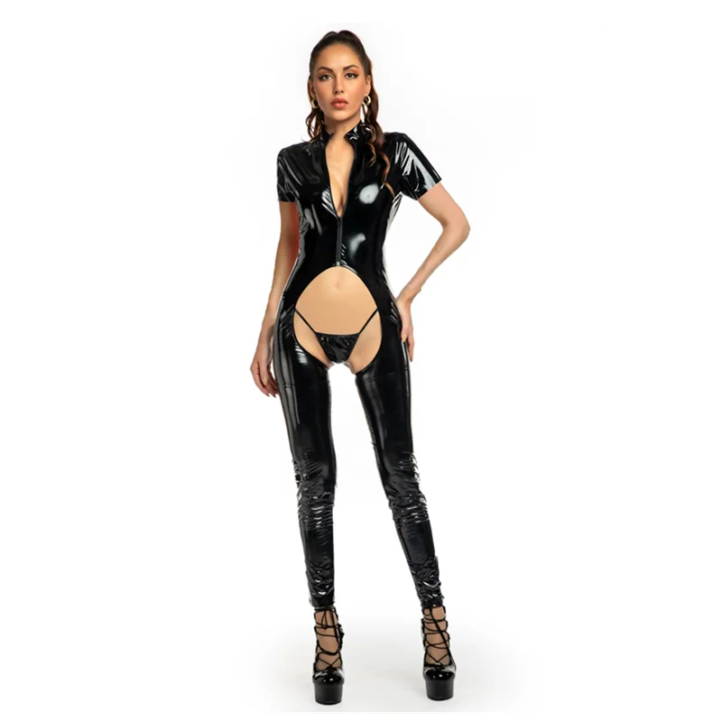 

Women Wetlook Erotic Sexy Crotchless Jumpsuit Lady Latex PVC Bondage Bodysuit Double Zipper Lingerie Body Suit Clubwear Overalls