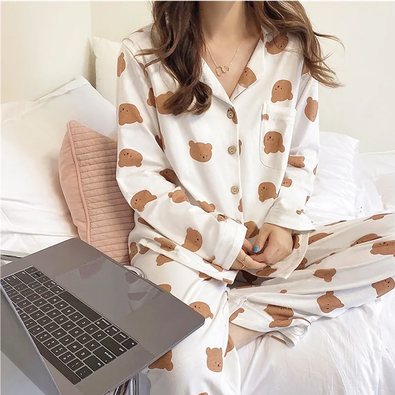 

Bear Print Soft Thin Women's Pajama Set Autumn New Casual 2 Pieces Pijama Set Full Length Sleepwear for Sleeping Home Suits