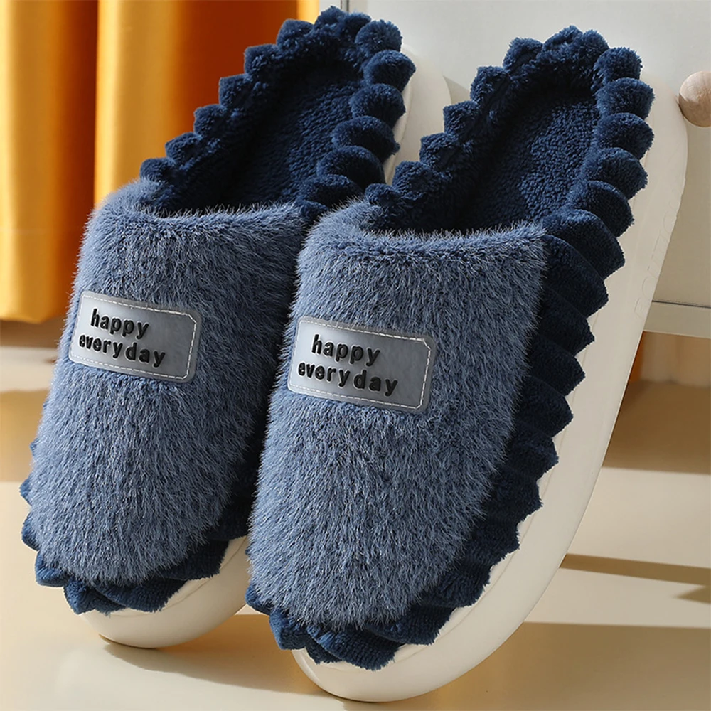 Home Slippers Men Big Size Plush Winter Warm Soft Slippers Male Stripe Indoor Slippers Fashion Trend House Shoe Solid EVA Chunky