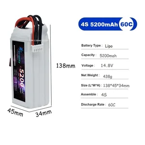Lipo pin có thể sạc lại cho máy bay không người lái, pin 14,8V, 4S, 5200mAh, 60C, RC, FPV, Helicopter, Quadcopter, Running Car, XT60, XT90 8 Pin bán hàng chính 5200 MAH - №4