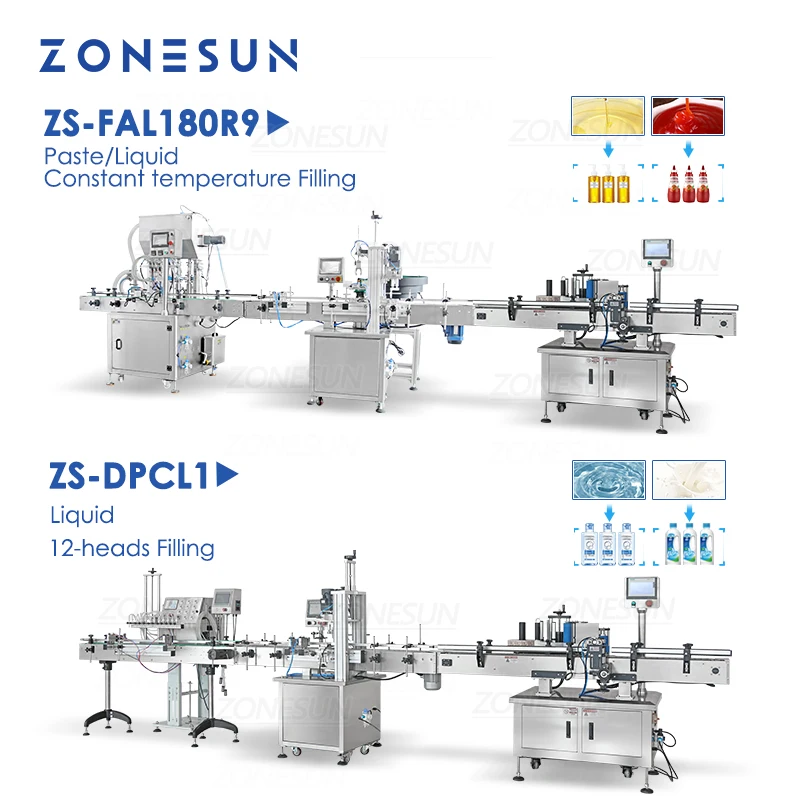 ZONESUN خط إنتاج مخصص معجون السائل التدفئة ملء الشد السد آلة وضع العلامات على الزجاجات المستديرة ZS-FAL180R9/ZS-DPCL1