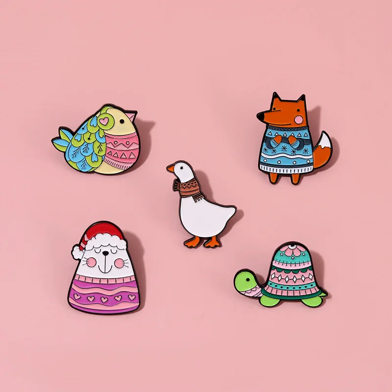 Warm Coat Animal Enamel Pin Winter ClothesTurtle Metal Badge Scarf Bird Goose Sweater Hat Brooch Children Gift Jewelry Wholesale