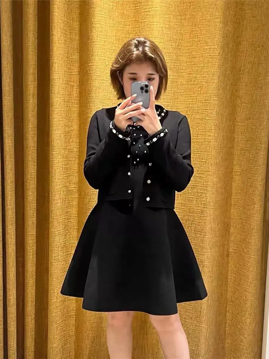 

Women Rhinestone Decoration Black Set Sleeveless High Waist Mini Dress + O-Neck Single Breasted Cardigan Elegant Knitted Suit