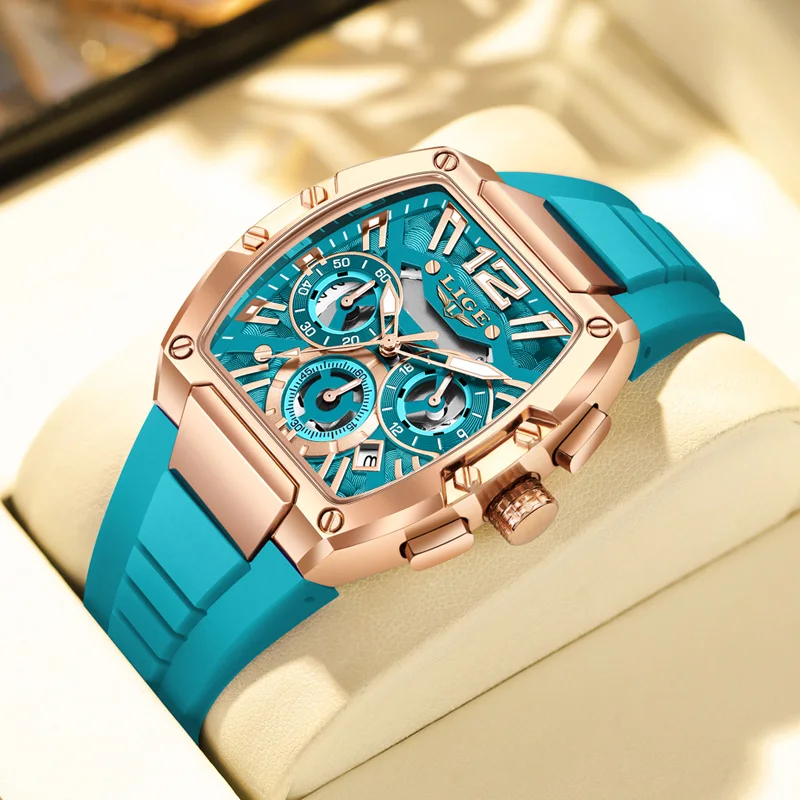 2025 LIGE New Men's Watch Multi Functional Quartz Rectangular Golden Sports Clock Casual Fashion Silicone Strap Men Watch+Box image 3