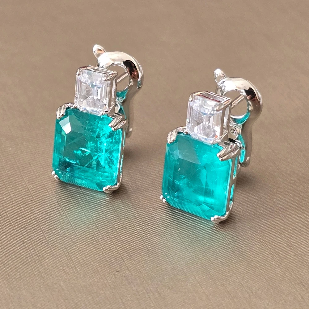 KQDANCE 925 Sterling Silver Created 10*11mm Paraiba Tourmaline Drop Earrings Clips with Green Blue Stones Fine Jewelry for Women