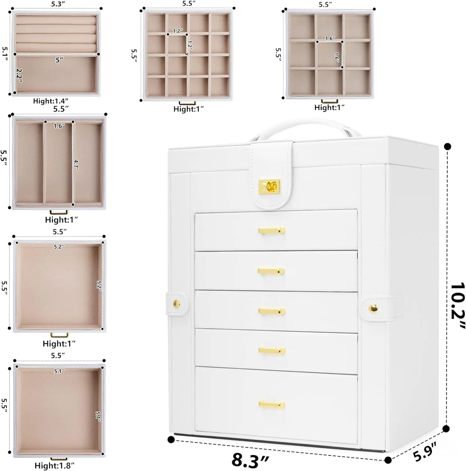 6-Tier Jewelry Box Organizer with 5 Drawers Leather Jewelry Storage Case for Women Girls Ring Necklace Earring Bracelet Holder