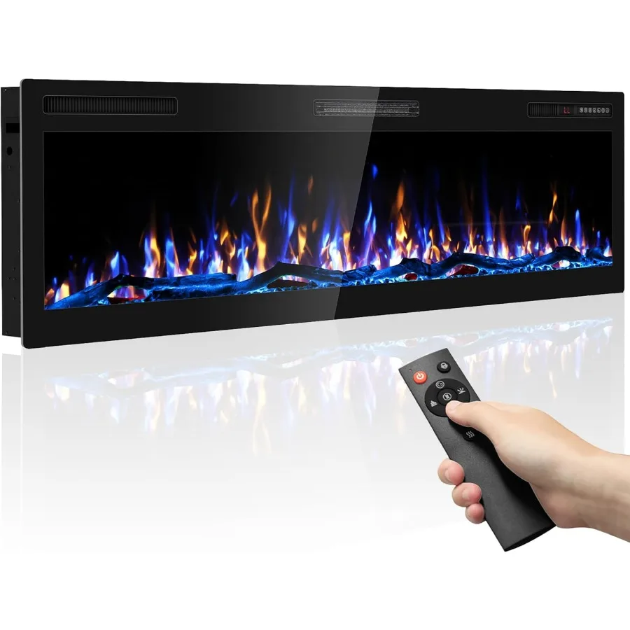 

60 Inch Electric Fireplace Wall Mounted and Recessed with Remote Control for Living Room or Bedroom Color Adjustable Flame Effe