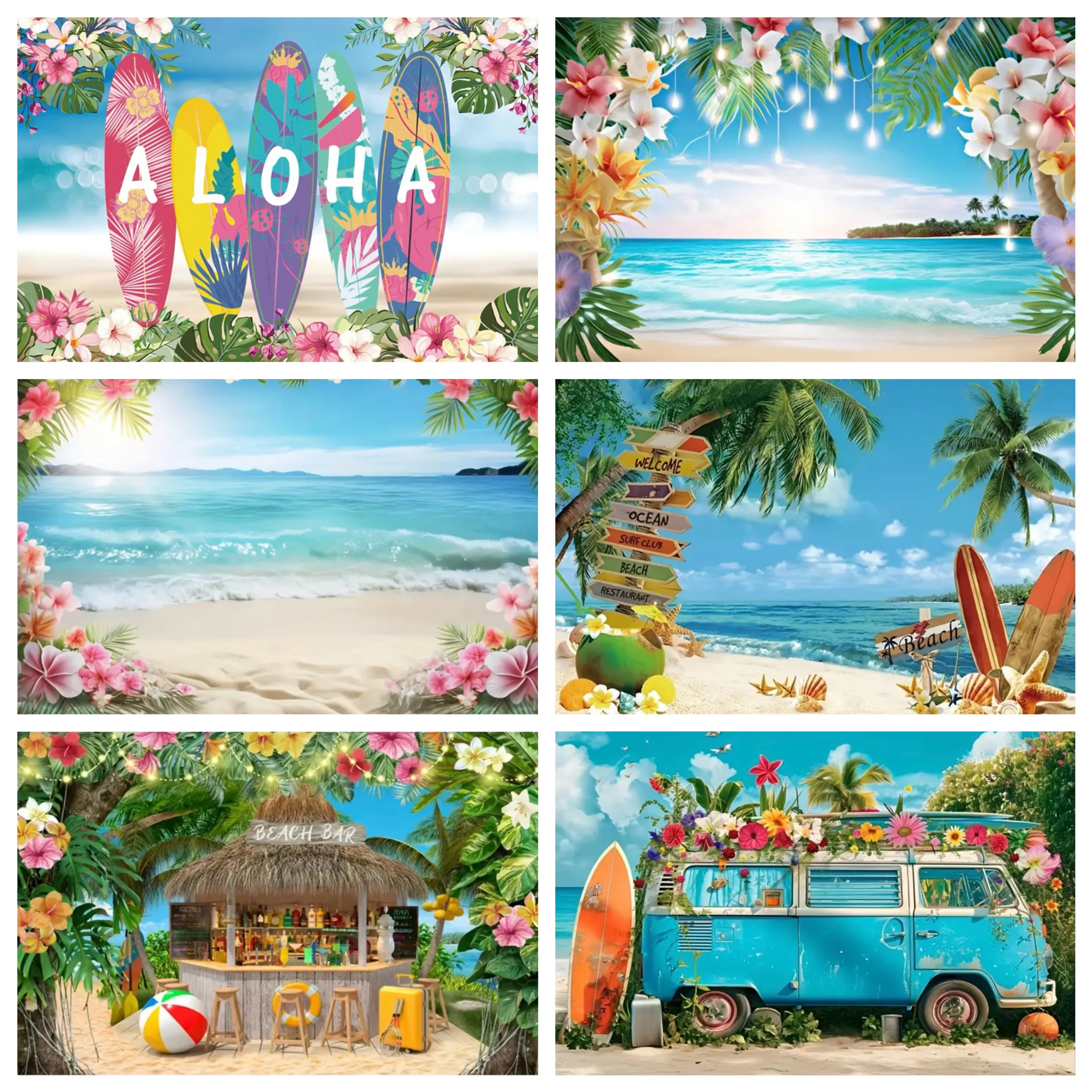 

Hawaiian Summer Beach Background Tropical Seaside Flowers Aloha Luau Ocean Sea Surfboard Holiday Party Birthday Backdrop Decor