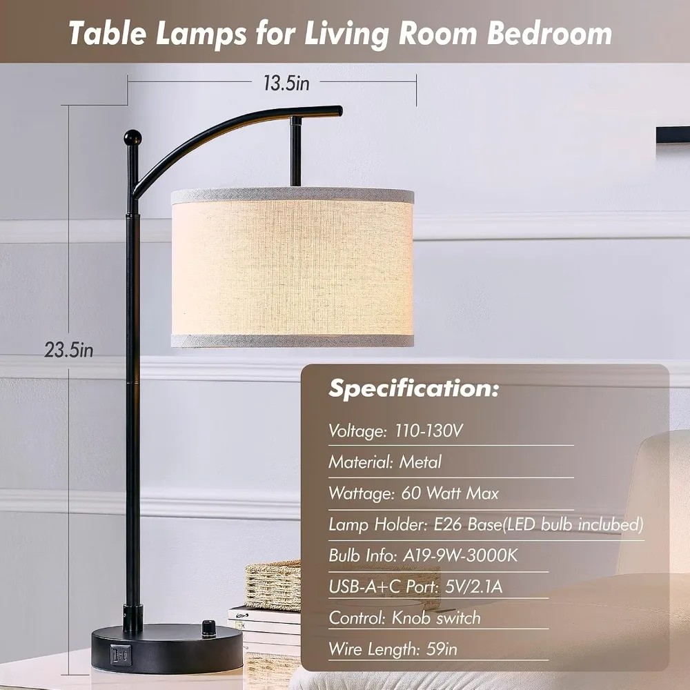23.5" Table Lamps Set of 2 with USB C+A, Dimmable, Linen Shades, Black - view 2