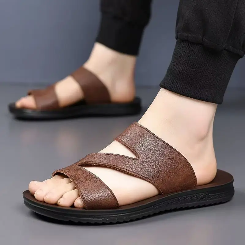 Men's Genuine Leather One Word Slippers Summer New Soft sole Non Slip Hollow Out Flat Sole Outdoor Beach Slippers Sandals