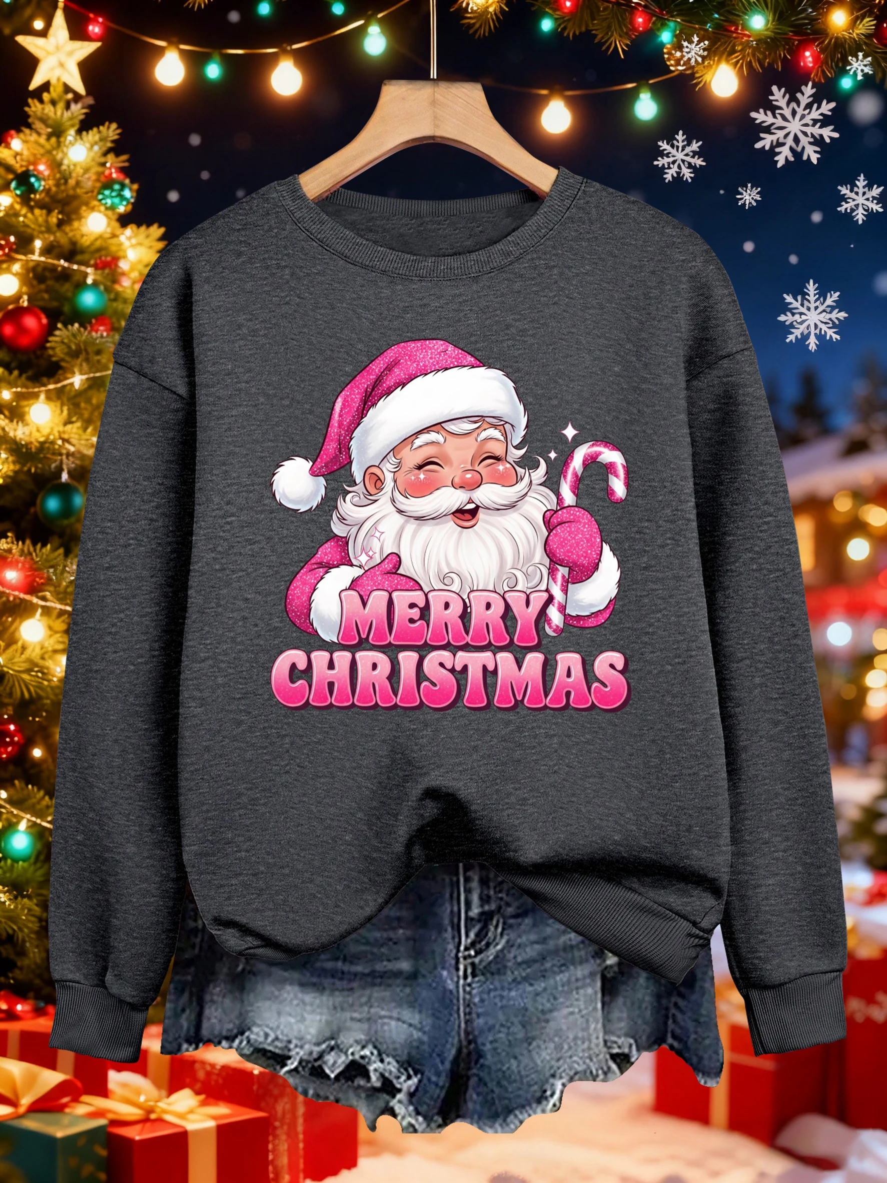 เสื้อสเวตเชิ้ตลายซานตาคลอสสีชมพูสำหรับผู้หญิง แฟชั่นเสื้อพูลโอเวอร์ผ้าฟลีซ คอกลม สไตล์สตรีทแวร์ ทรงหลวม สวมใส่สบาย สำหรับฤดูใบไม้ร่วง