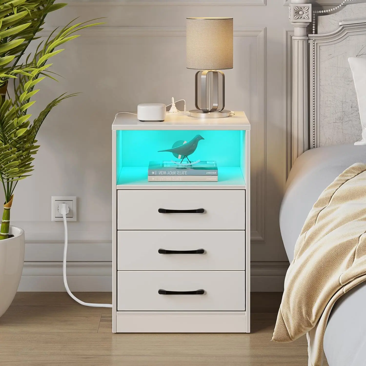 

Seventable Nightstand with Wireless Charging Station and LED Lights, Modern End Side Table with 3 Drawers and Open Compartment f