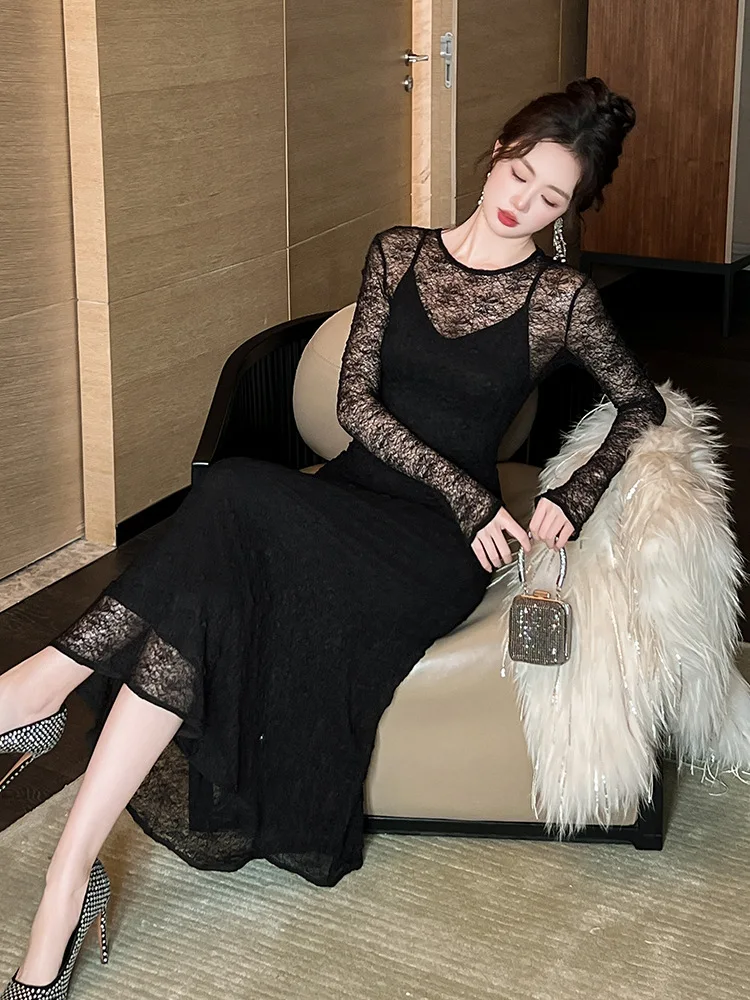 

Coigarsam Women Black Dress New Sexy Solid Lace Flare Sleeve O-Neck Black Dresses