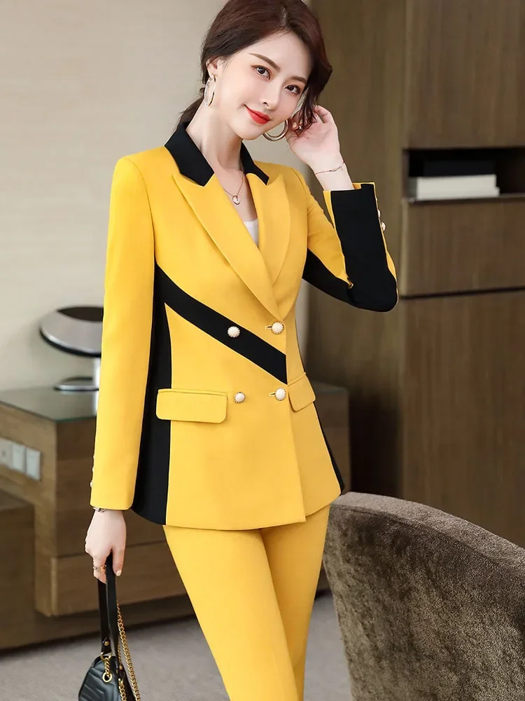 Yellow Contrast Color Women Suits Office Sets New Slim Long Sleeve Double Breasted Blazers Chic Casual Pants Suits Z983