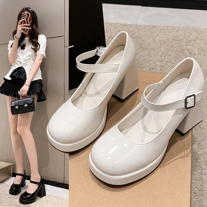 High heels women\'s wedding shoes French line with Mary Jane shoes waterproof platform thick heel shoes beige white temperament