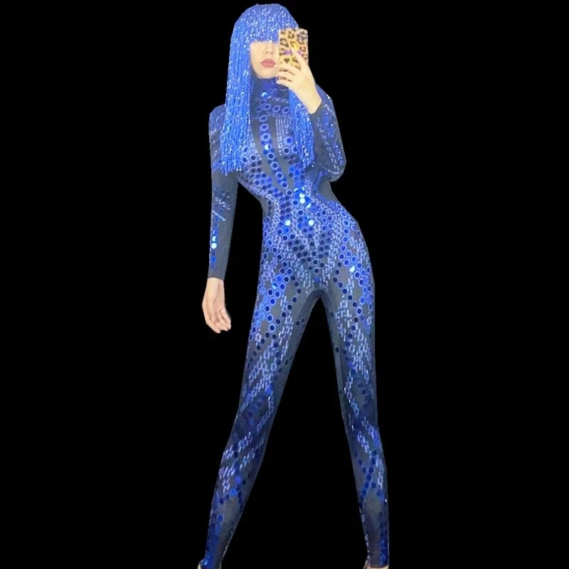 Costume da spettacolo da donna abbigliamento da palcoscenico discoteca moderna tuta a maniche lunghe con paillettes blu cantante compleanno festeggia vestito da festa