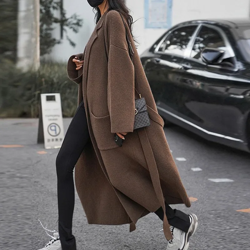 Vrouw Trui Vest Herfst/Winter Lang Breien Effen Kleur Zakken Modieuze Vrouw Kleding