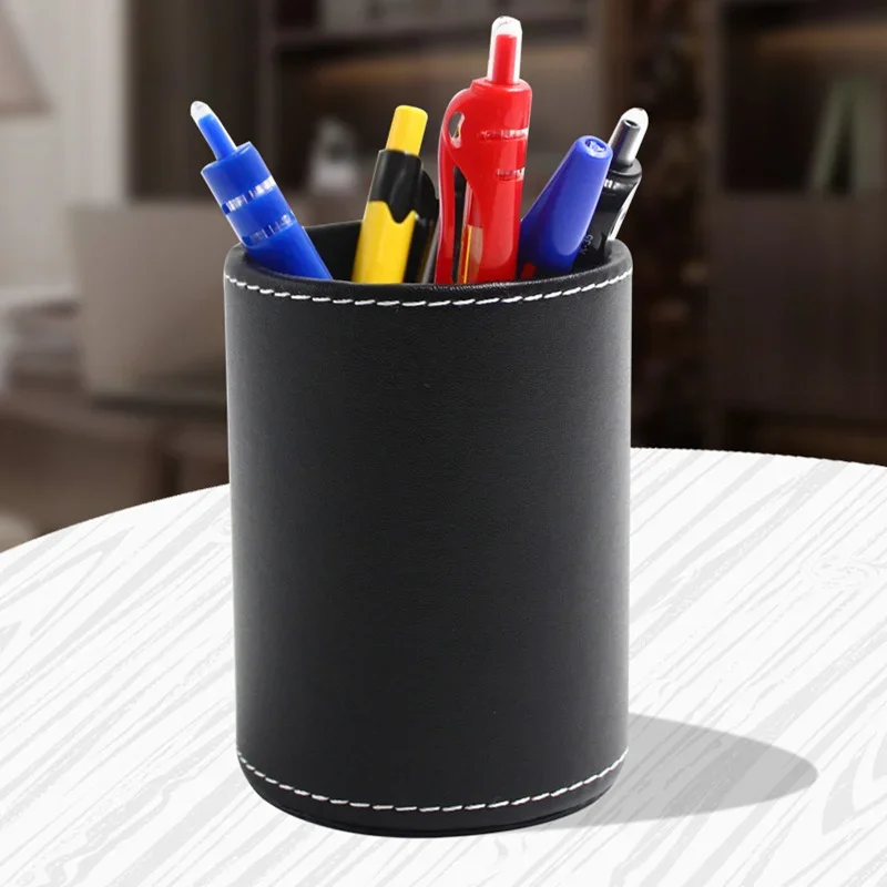 Imagem -02 - Couro Retro Caneta Redonda Titular Papelaria Sundries Storage Tube Acabamento Tanque de Armazenamento Material de Escritório Desktop Organizer