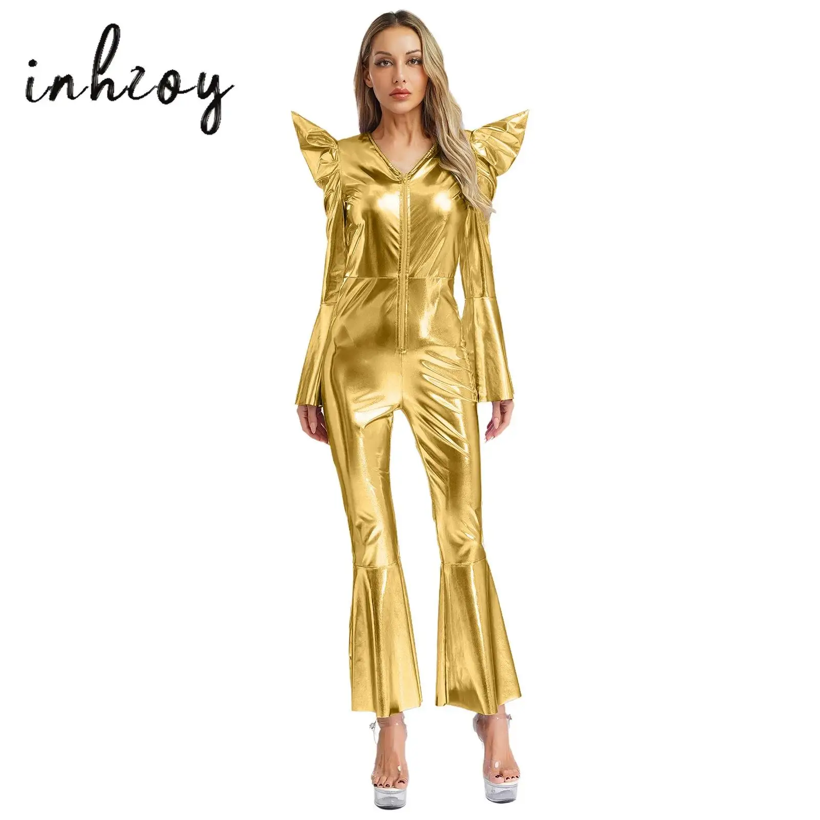 

Womens 80s Disco Dance Jumpsuit Shiny Metallic Long Sleeves High Waist Zip Bell Bottom Hippie Romper Clubwear Halloween Costume