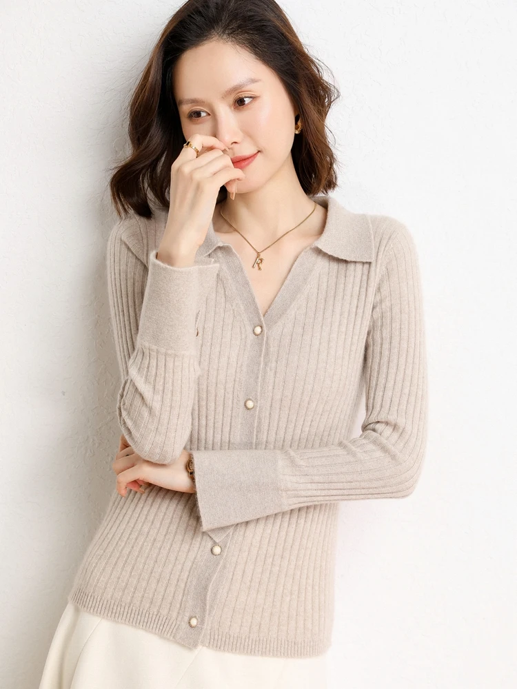 

Women Polo Collar Sweater 100% Cashmere Cardigan Spring Autumn V-neck Office Lady Slim Fit Knitwear Popular Flare Cuffs Clothes